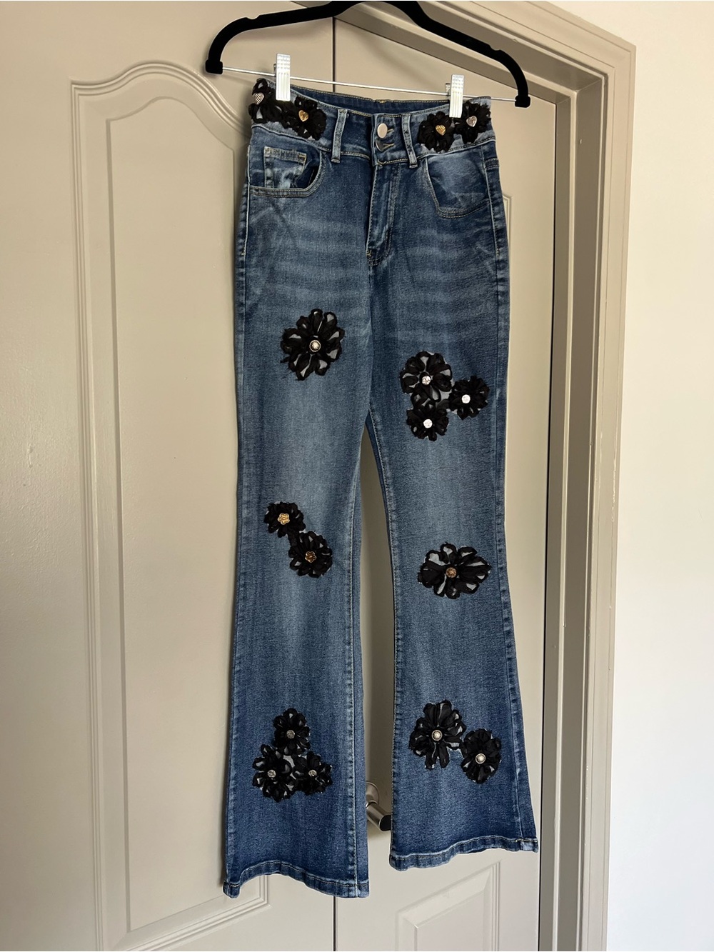 OOAK Romantic Boho Floral Appliqué Flare Jeans Lisa Skeels Original Small - Picture 3 of 8
